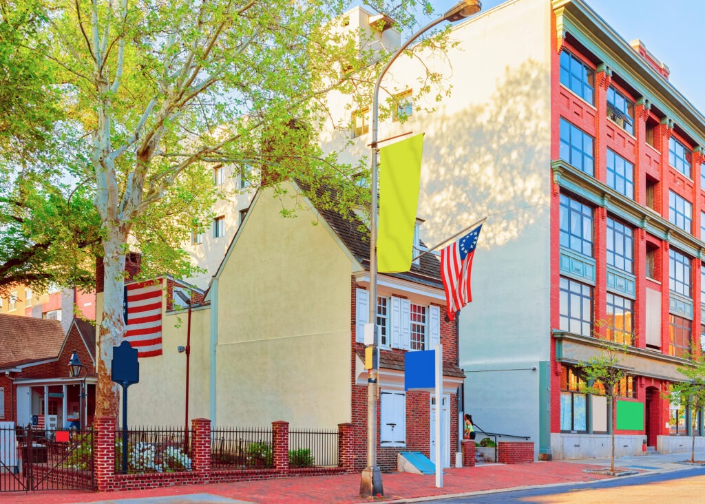Betsy Ross house and Hanging American Flag