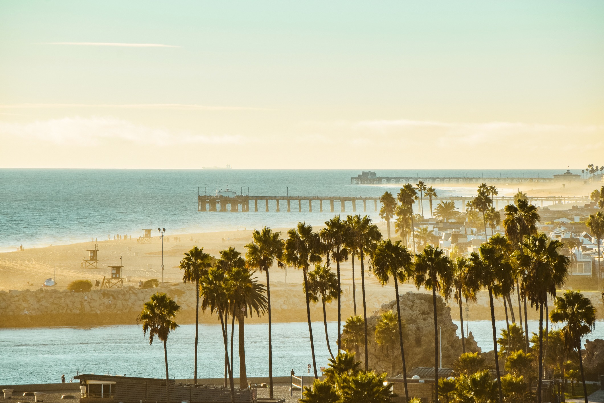 A California beach at sunrise. Palm trees are in the foreground with two piers visible in the distance.