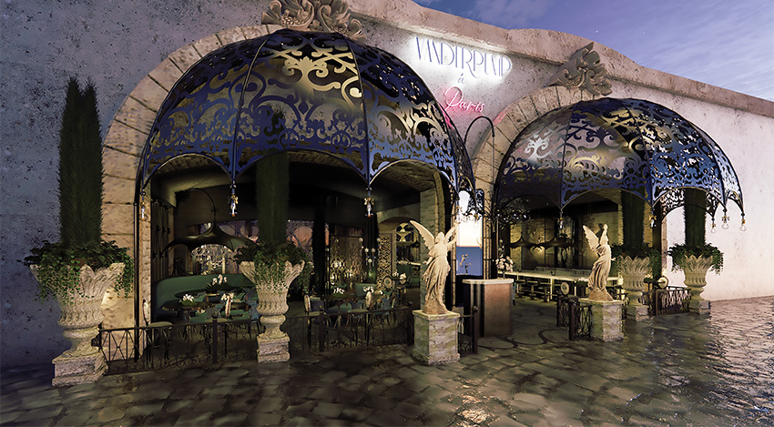 The exterior of Vanderpump a Paris, Las Vegas. Two lace-patterned overhangs cover the twin arches. Angel statues and potted plants are below.