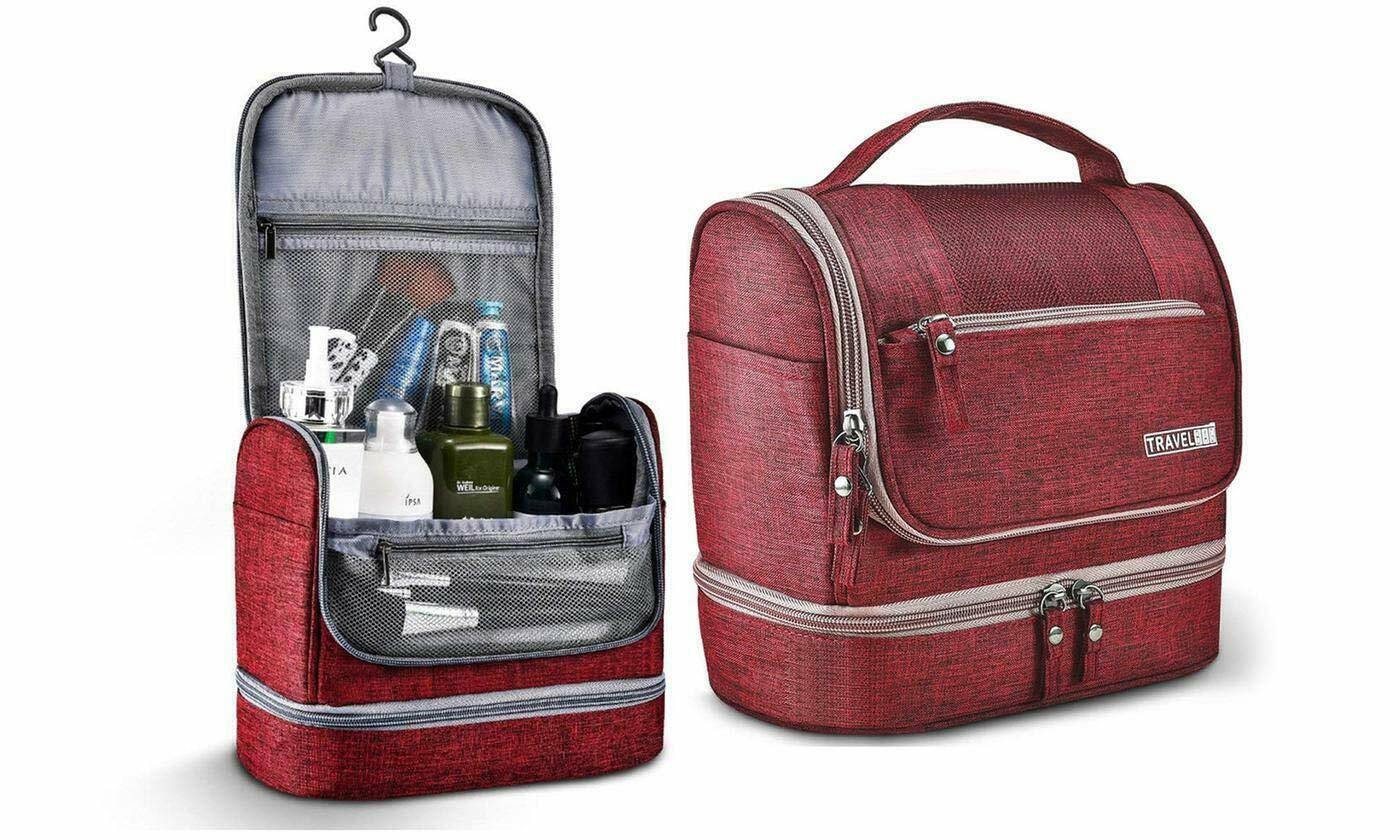 two red travel bags, on the left open with toiletries and closed on the right