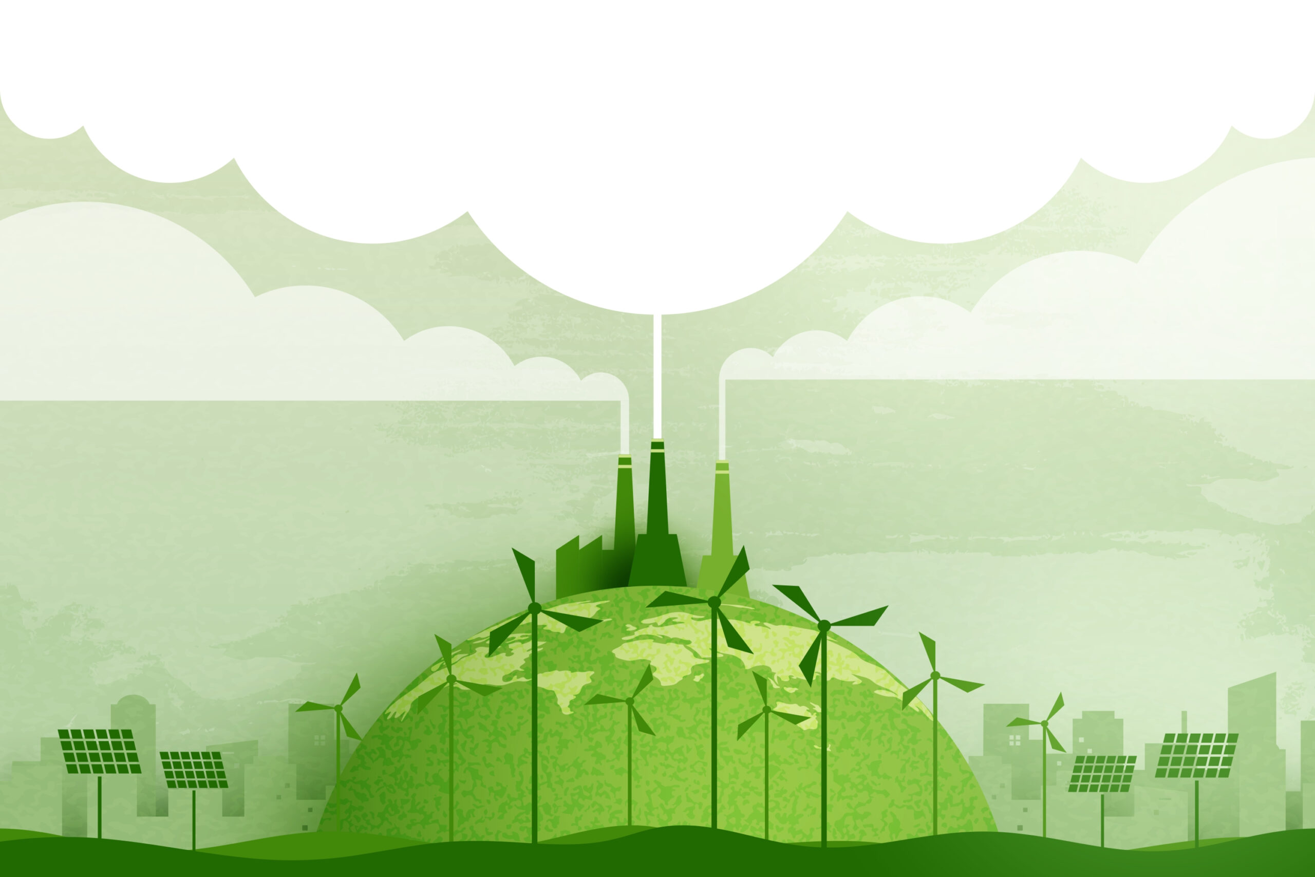 illustration of paper art of ecology and environment with wind turbines, solar panels and green colored earth in background
