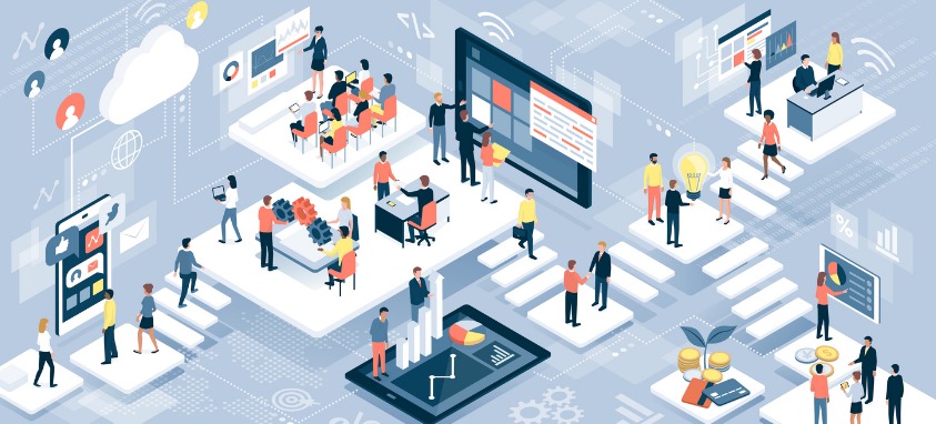A vector illustration of business people navigating online space during the pandemic