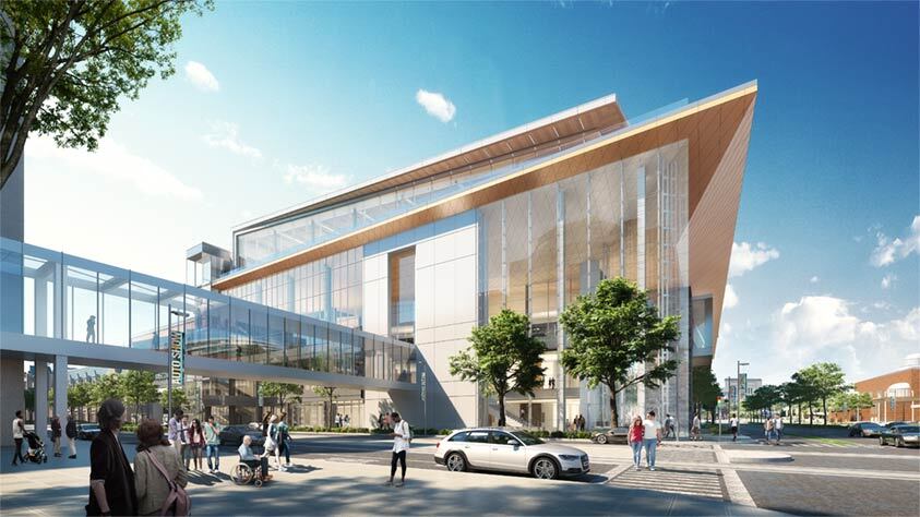 A building in Milwaukee. It has a dramatically sloped roof and floor-to-ceiling windows.