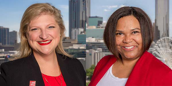 Two portraits of Amanda Dyson and Janine Douglas. Dyson is a blonde white woman with short hair and a black suit jacket. Douglas is a black woman with chin-length brown hair and a red suit jacket