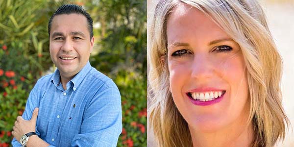 Two portraits of Manual Villalobos and Susan Williams. Villalobos is a Hispanic man with combed black hair and a blue collared shirt. Williams is a blonde white woman with wavy hair