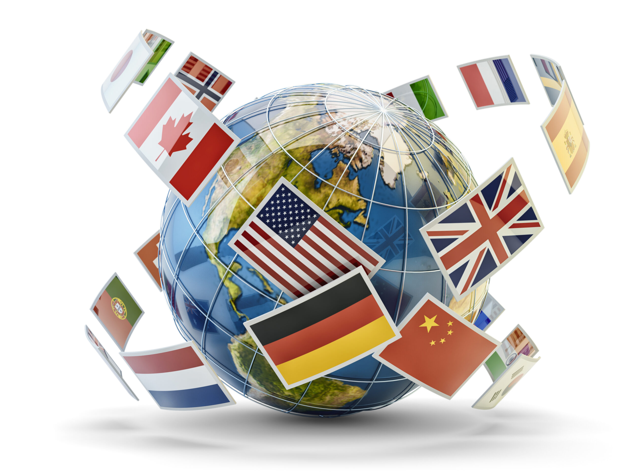 Earth with rows of country flags around it