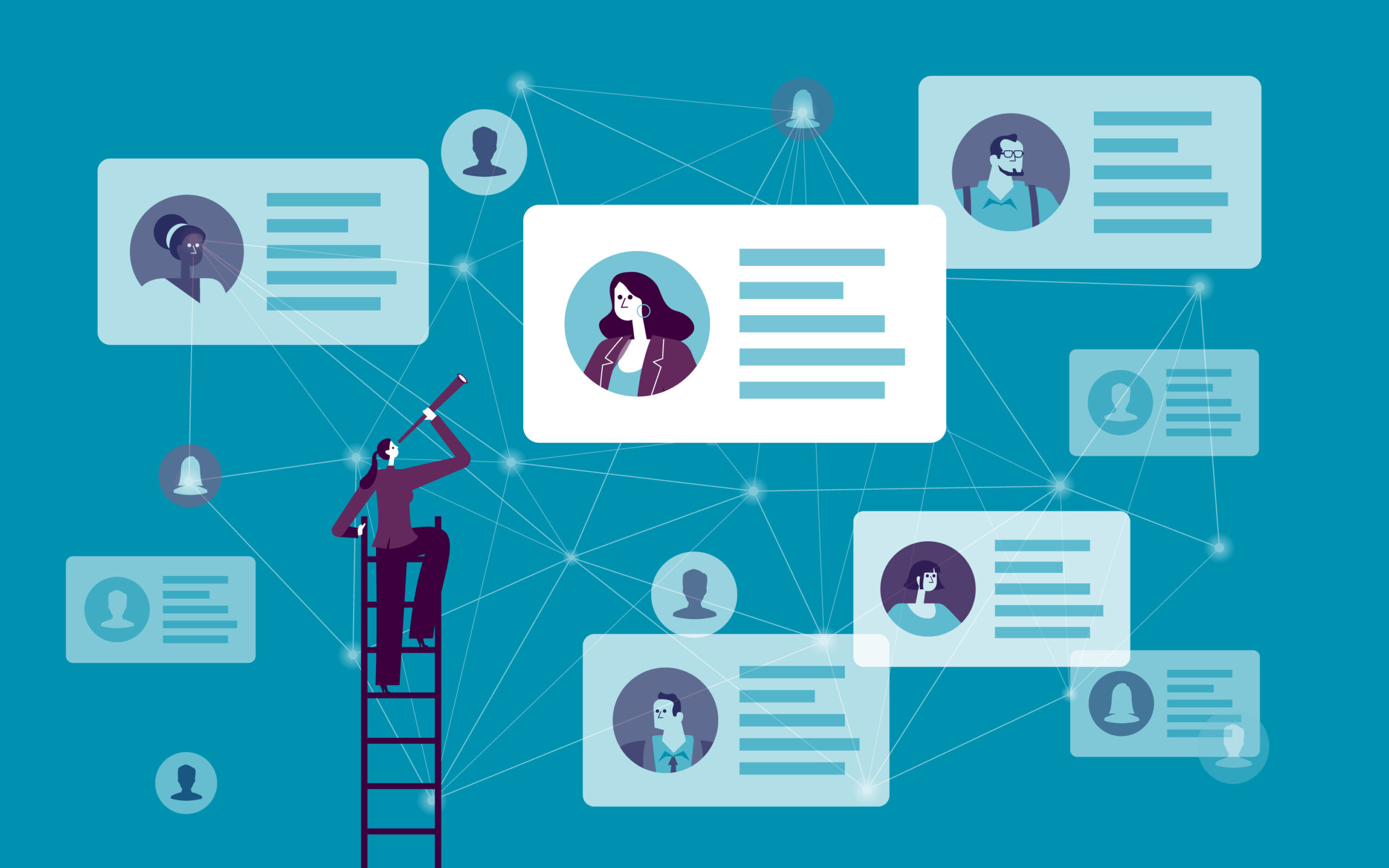 A vector illustration of a person looking at different employee profiles