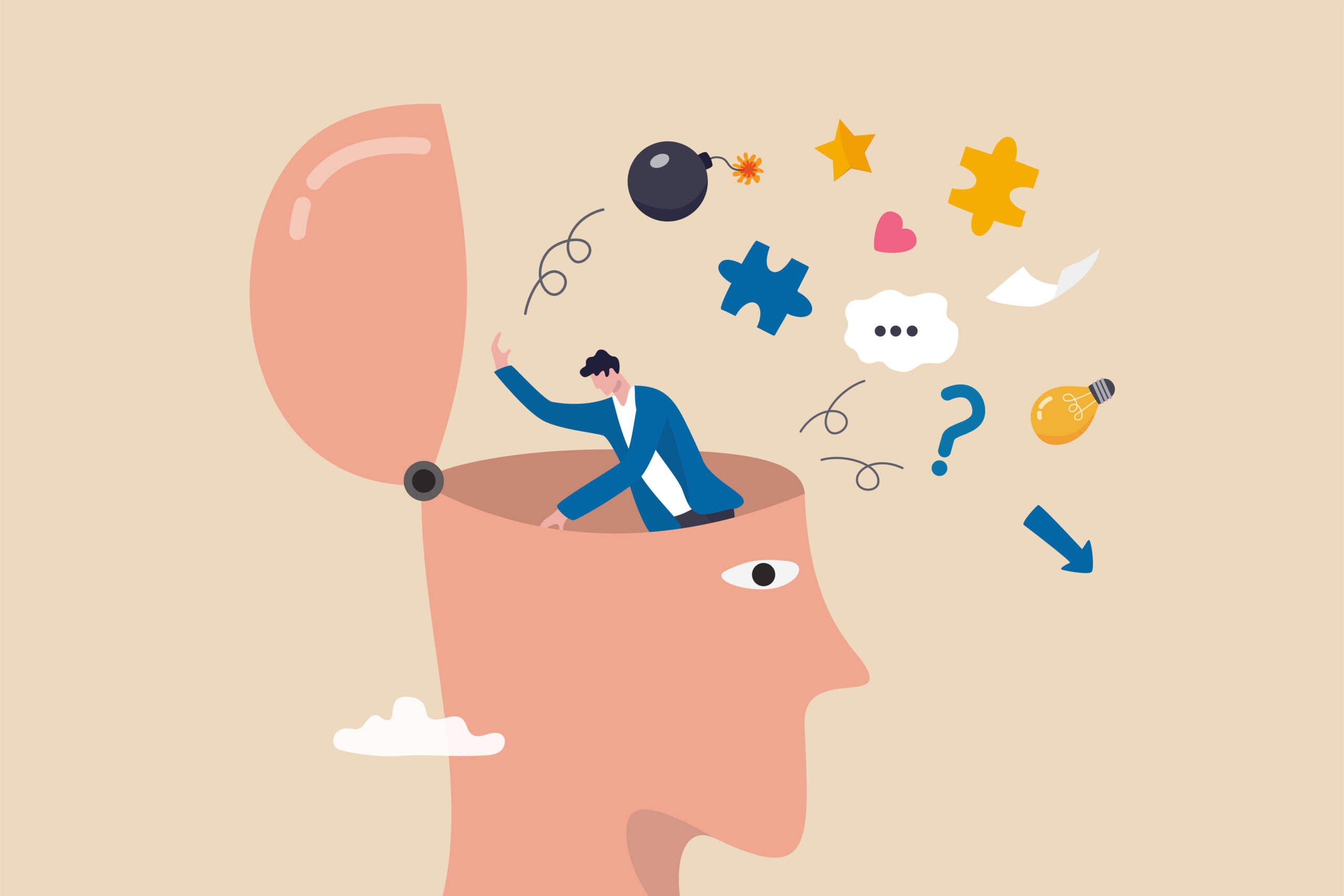 A vector illustration of a man cleaning out a brain