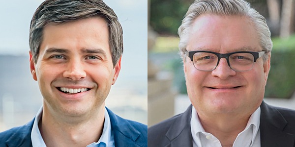 Two portraits of Kurt Alexander and Peter Strebel. They are both white men in suits. Alexander is younger with brown hair, and Strebel is older with white hair and square glasses.