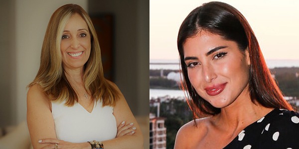 Two portraits of Isabel Gracia and Constanza Montalva. They are both Hispanic women. Gracia has highlighted brown hair and a white blouse, and Montalva has long black hair and a black dress.
