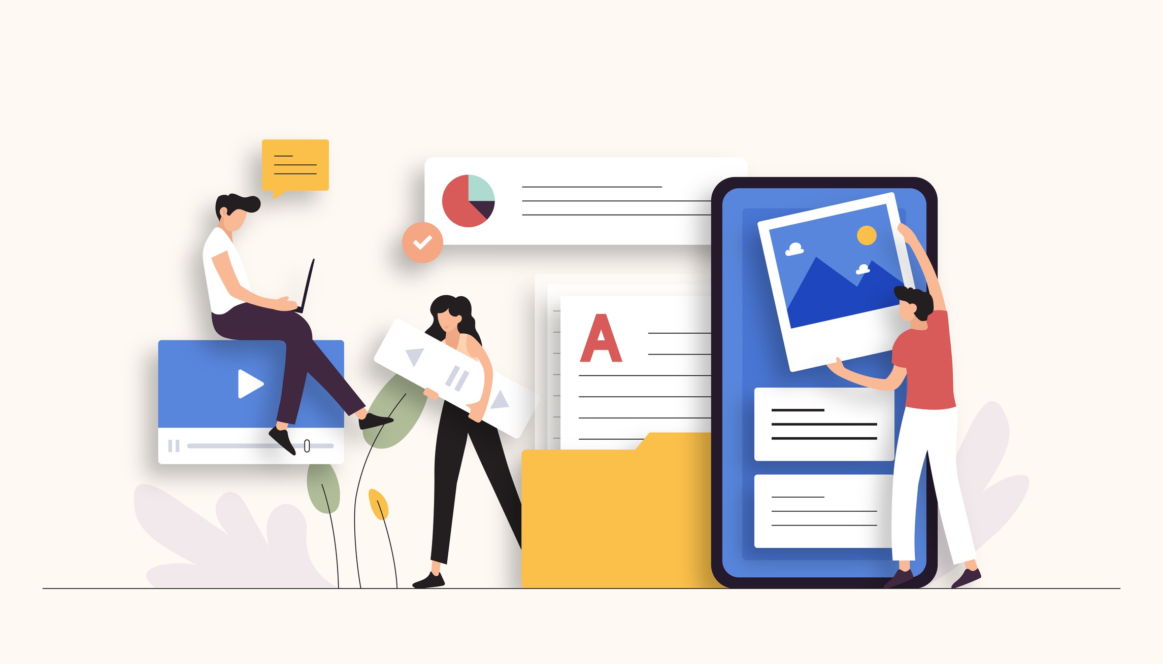 A vector image of people looking at marketing content.