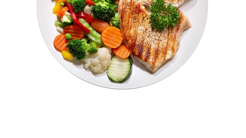 A cropped photo of food- meat and vegetables on a plate.