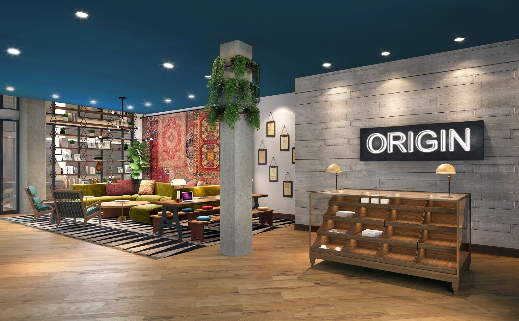 A render of the lobby of Origin Austin. A neon sign reads "Origin" above a flyer shelf. A yellow sectional with padded armchairs is off to the side