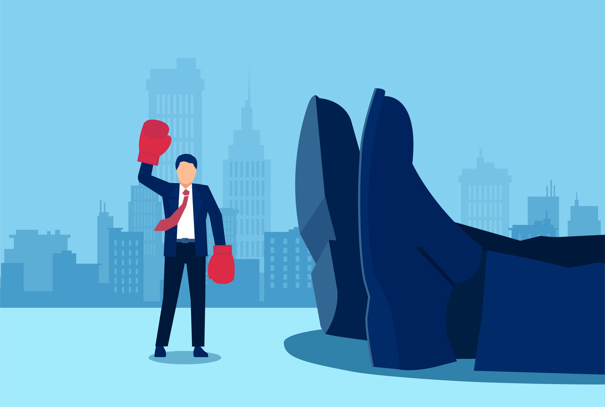 business person with boxing gloved knocking down goliath