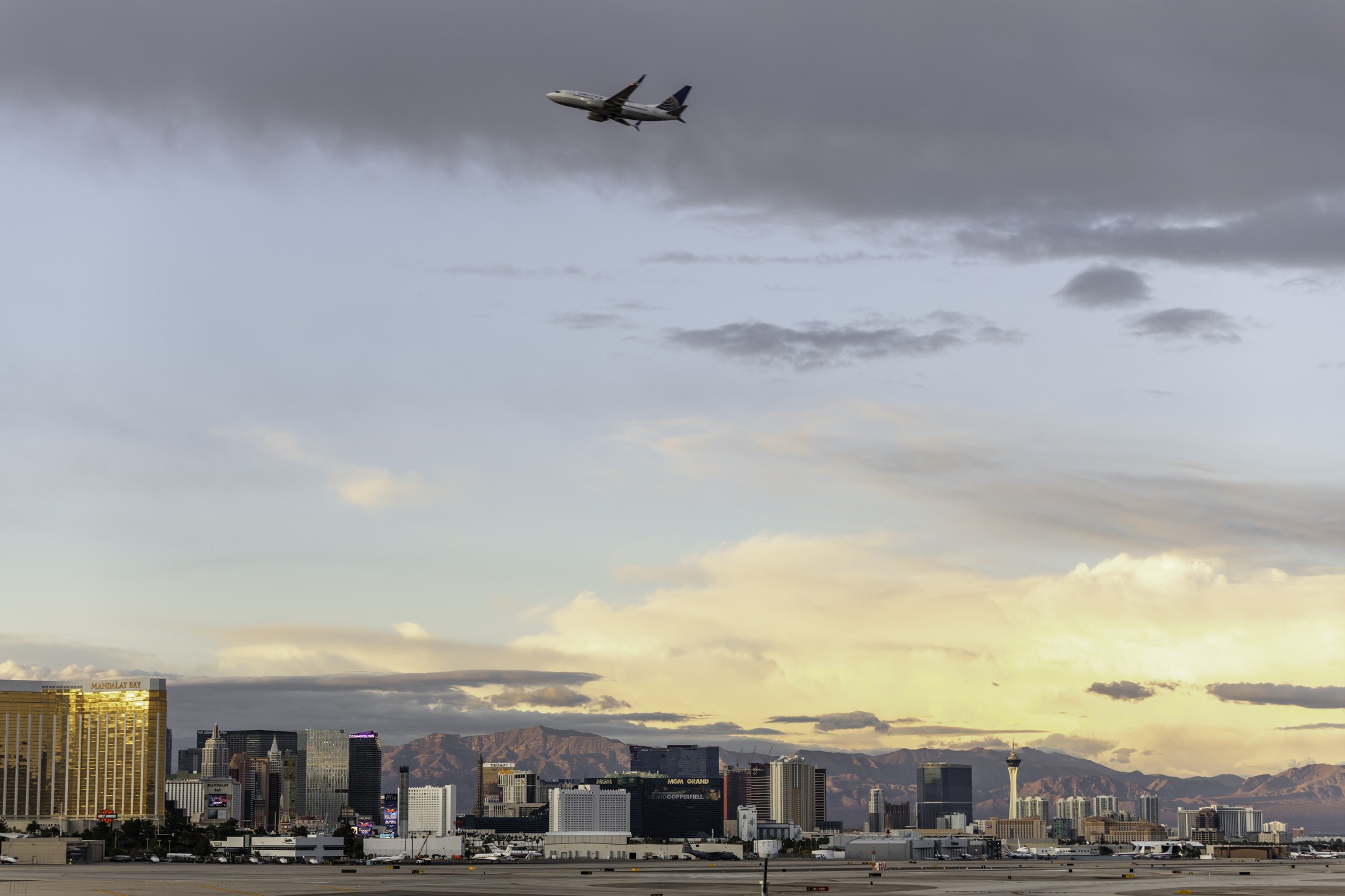 airplane flies over las vegas
