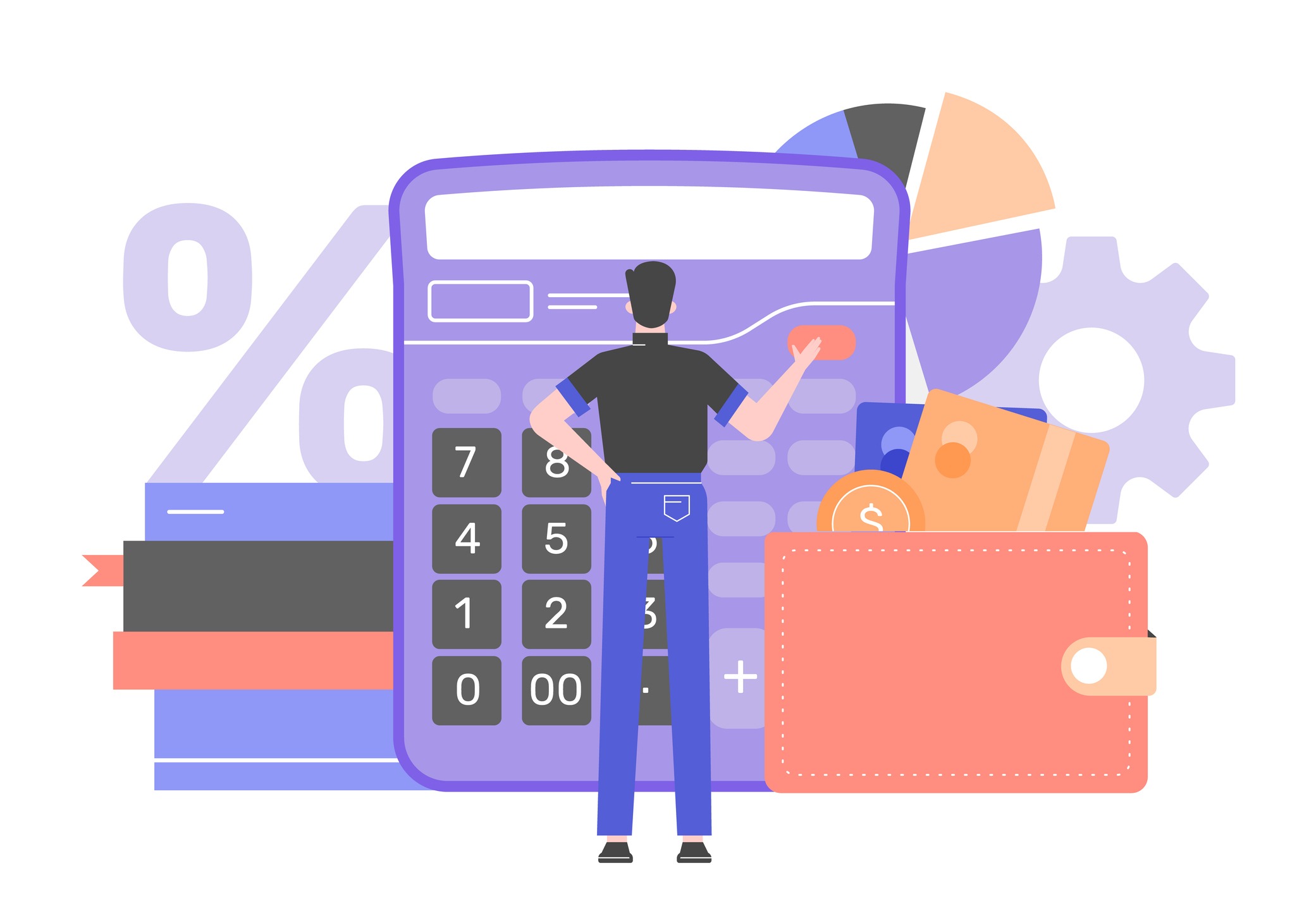 Man stands at a huge calculator. Finance and investments, budgeting.