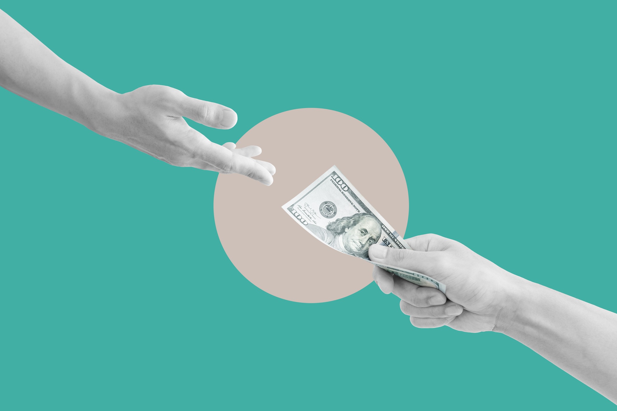 Hand giving and receiving cash. Every airline may need to give cash for cancellations