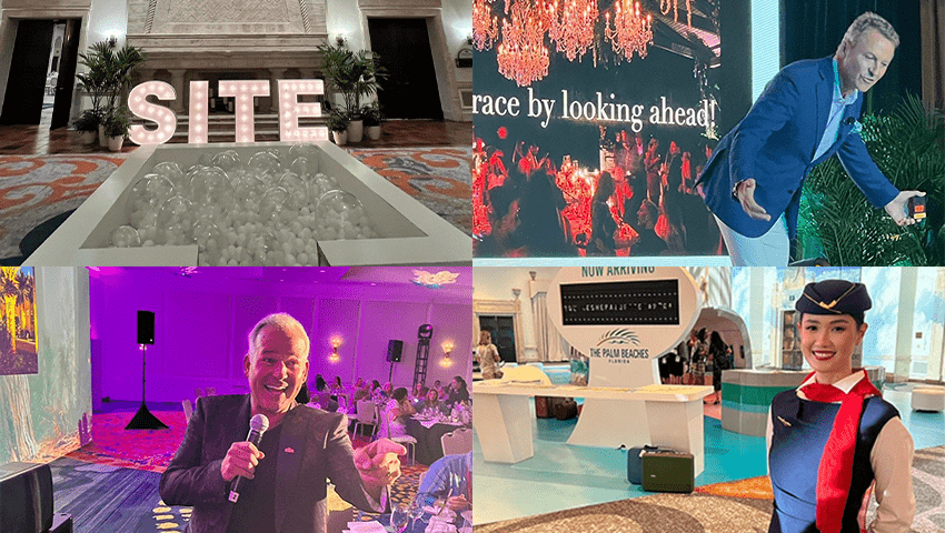four images: space at site event (left-top), jerome wade (left-bottom), colin cowie (top-right) and flight attendant (bottom-right)