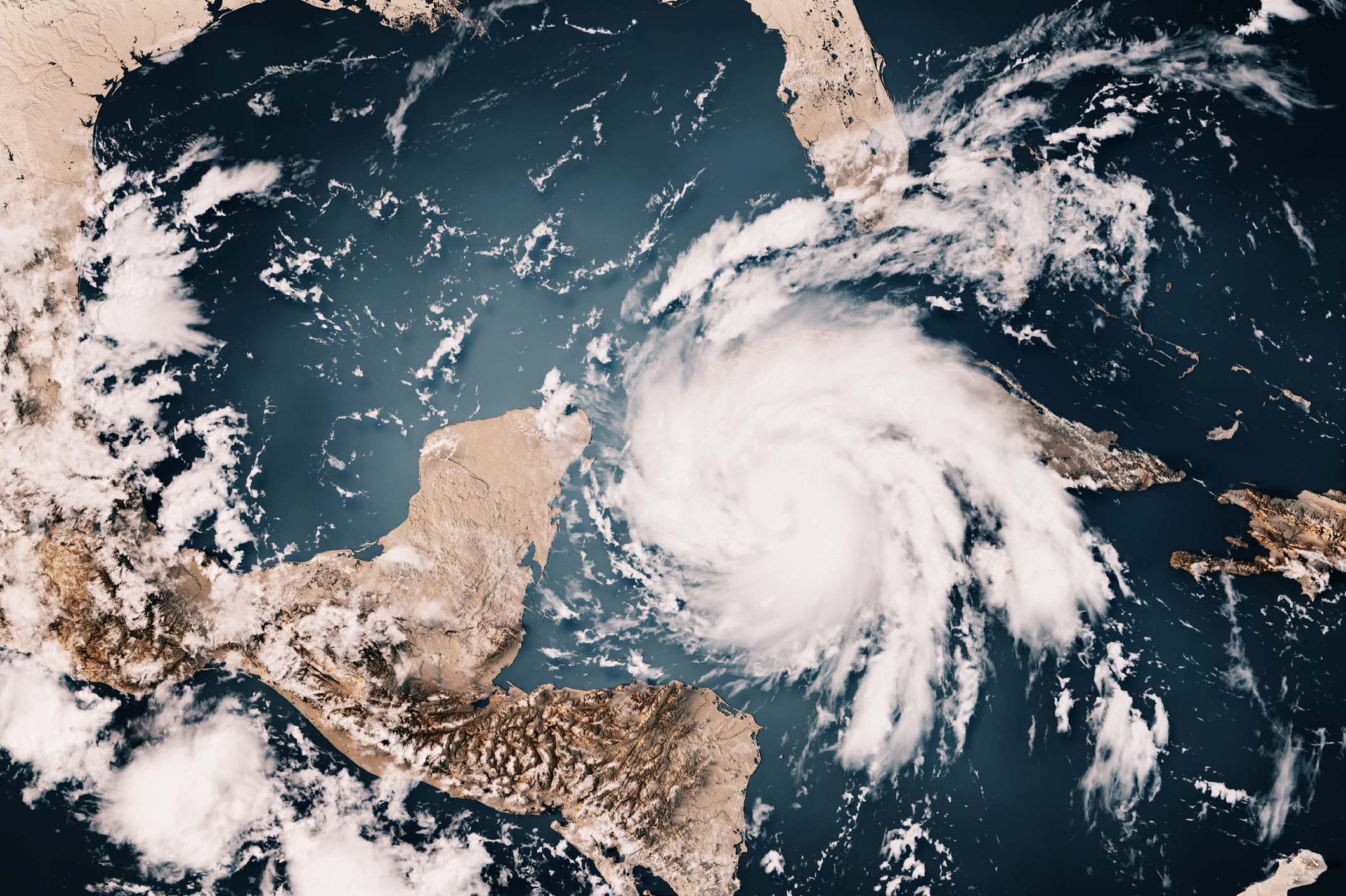 3D Render of a Topographic Map of the Caribbean Sea and Hurricane Ian approaching Western Cuba