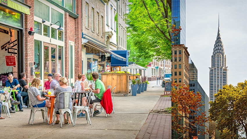 two images: on left, people eating outside at restaurant; on right, chrysler building