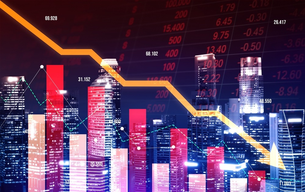 digital indicators and declining graphs of a stock market crash overlap the backdrop of a modernistic city