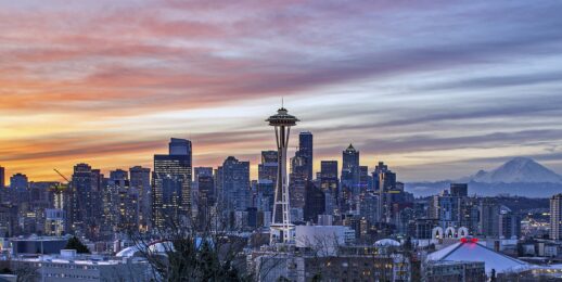 aerial shot of Seattle with Mt. Rainier in the distance