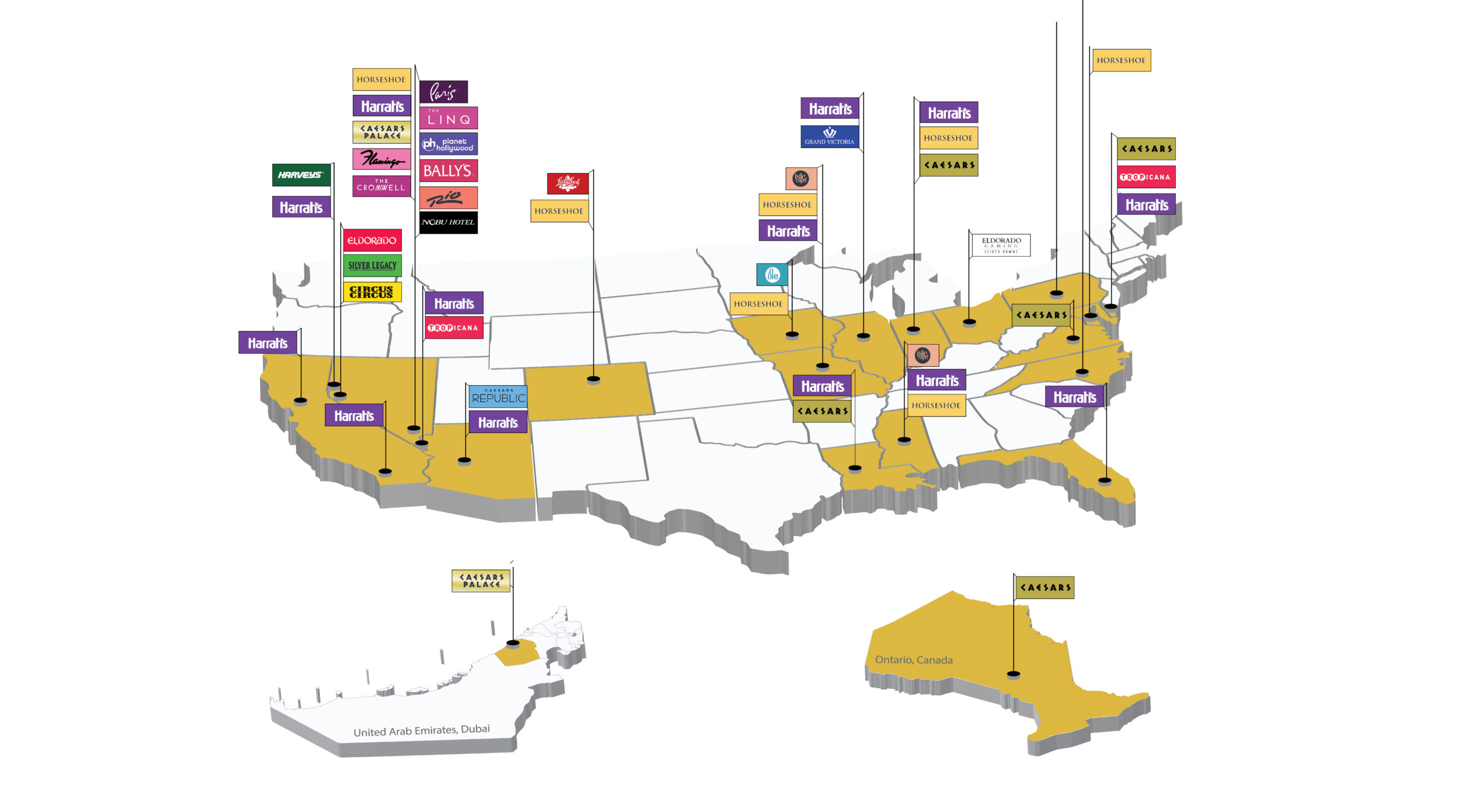 map of caesars properties around the united states, canada and the united arab emirates