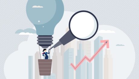 illustration of businesswoman floating in an air balloon above city looking out of a large microscope