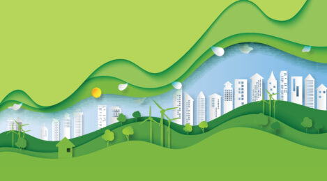 illustration of sustainability concept, white building in background and green fields, windmills, and trees in the foreground
