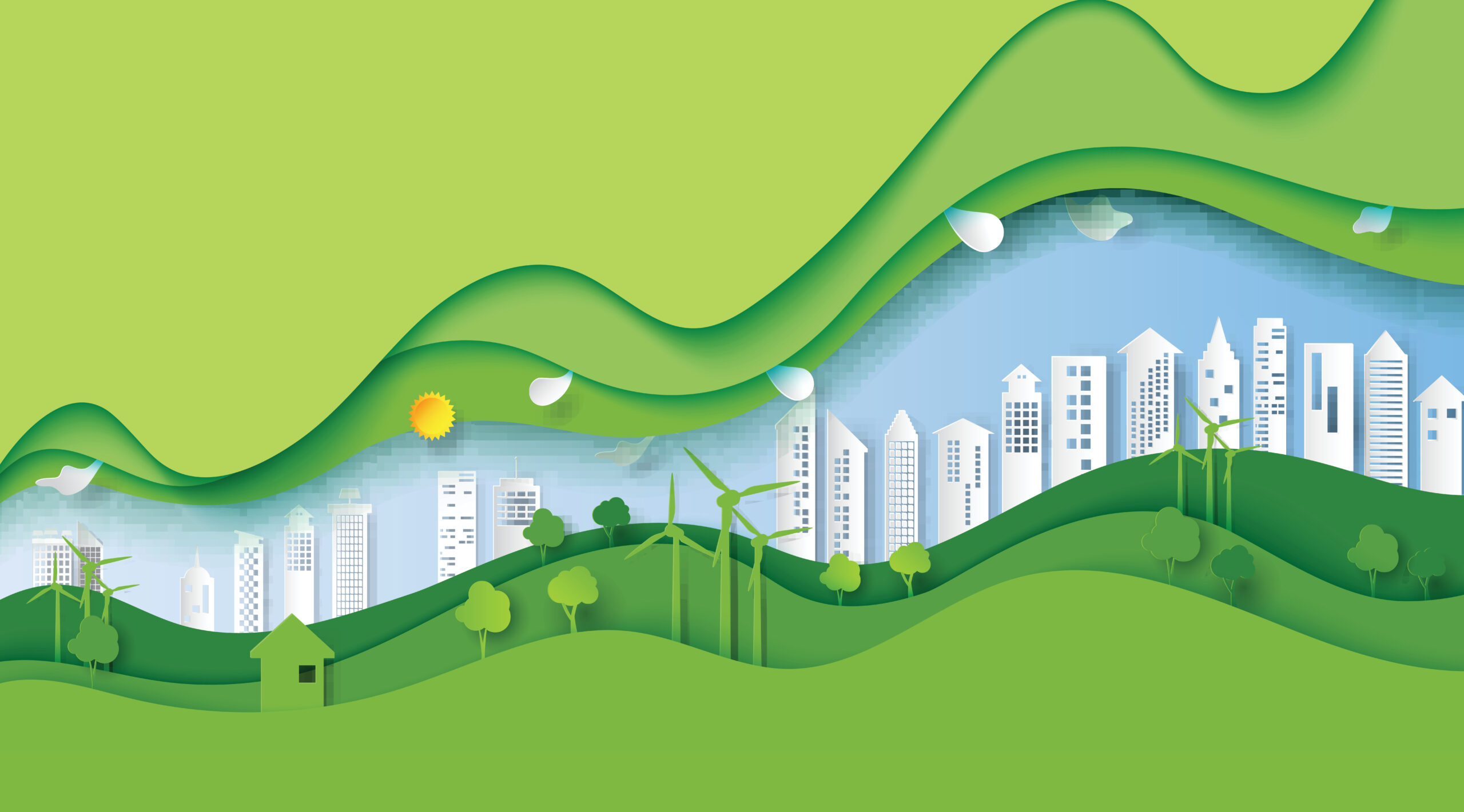 illustration of sustainability concept, white building in background and green fields, windmills, and trees in the foreground