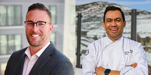 ashley chaney on left wearing blue sport coat and white dress shirt, and fernando reyes on right wearing white chef shirt
