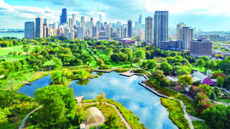 Chicago skyline aerial drone view from above, lake Michigan and city of Chicago downtown skyscrapers cityscape bird's view from park