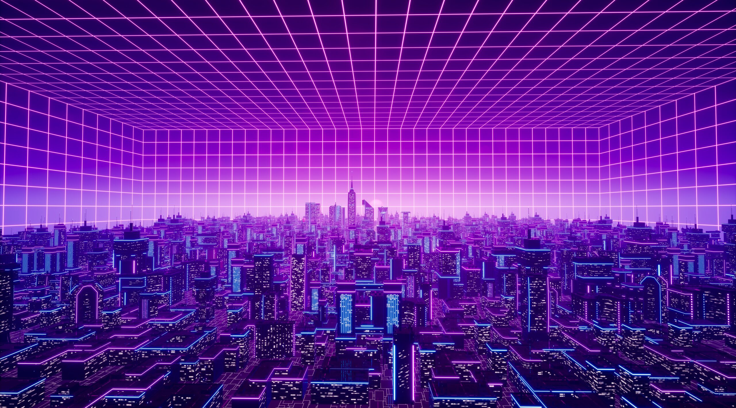 3d metaverse city concept, with purple lighting on the horizon