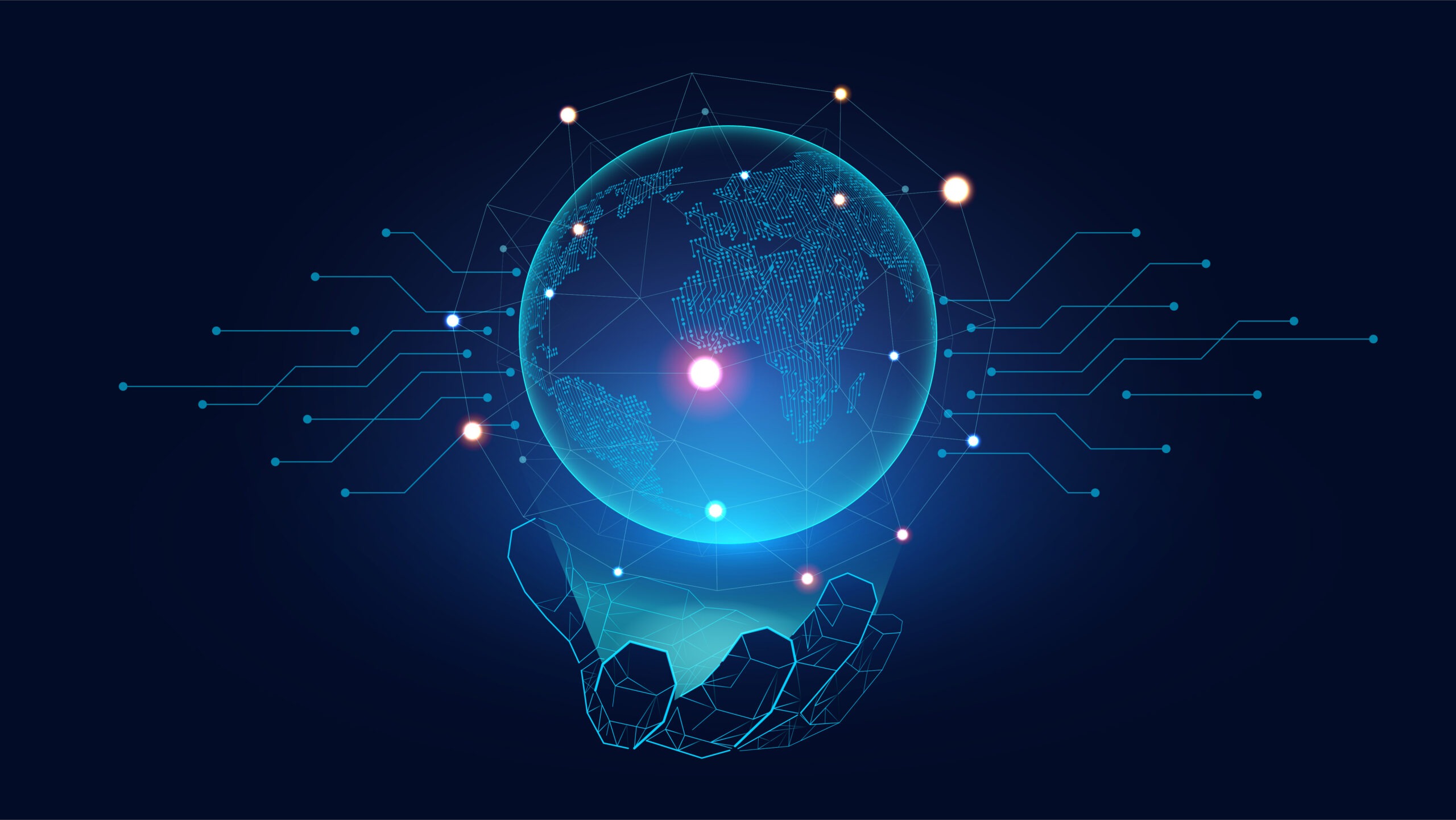 Futuristic Globe with connection network glowing on the hand of Ai robot