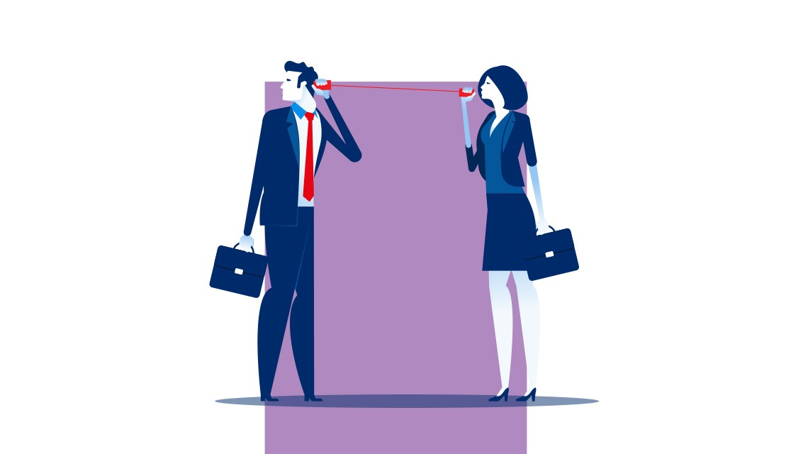 illustration of two people communicating via cup and string