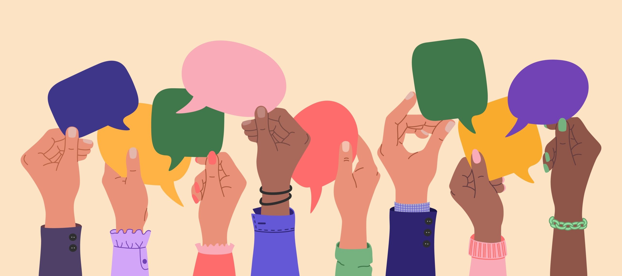illustration of human hands holding speech bubbles