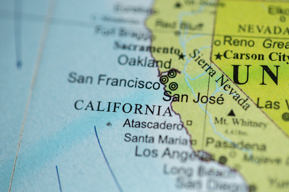 Map view of California on a geographical globe