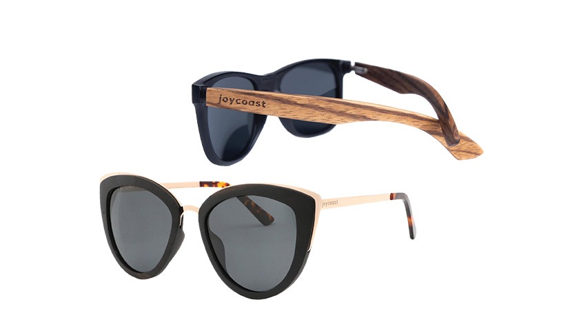 two pairs of sunglasses with wooden arms