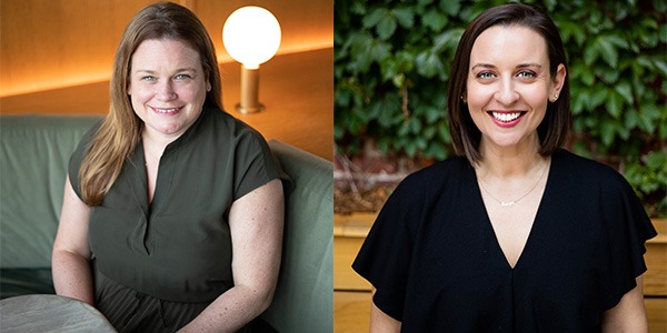 two photos of two different women side by side smiling into camera