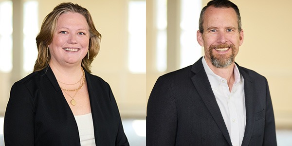 a woman and a man in two separate photos side by side, each smiling into the camera