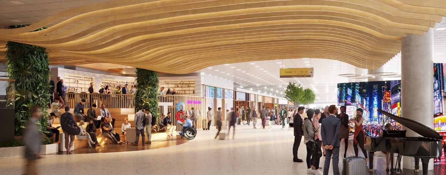 rendering of people walking around airport terminal