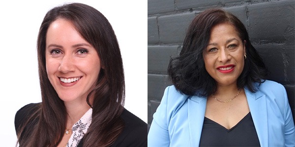 Two women in two separate photos side by side smile into the camera