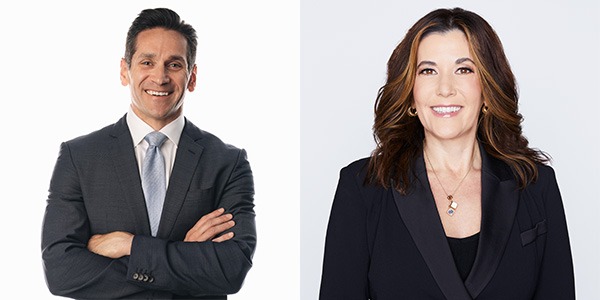 A woman and a man in two separate photos side by side, each smiling into the camera