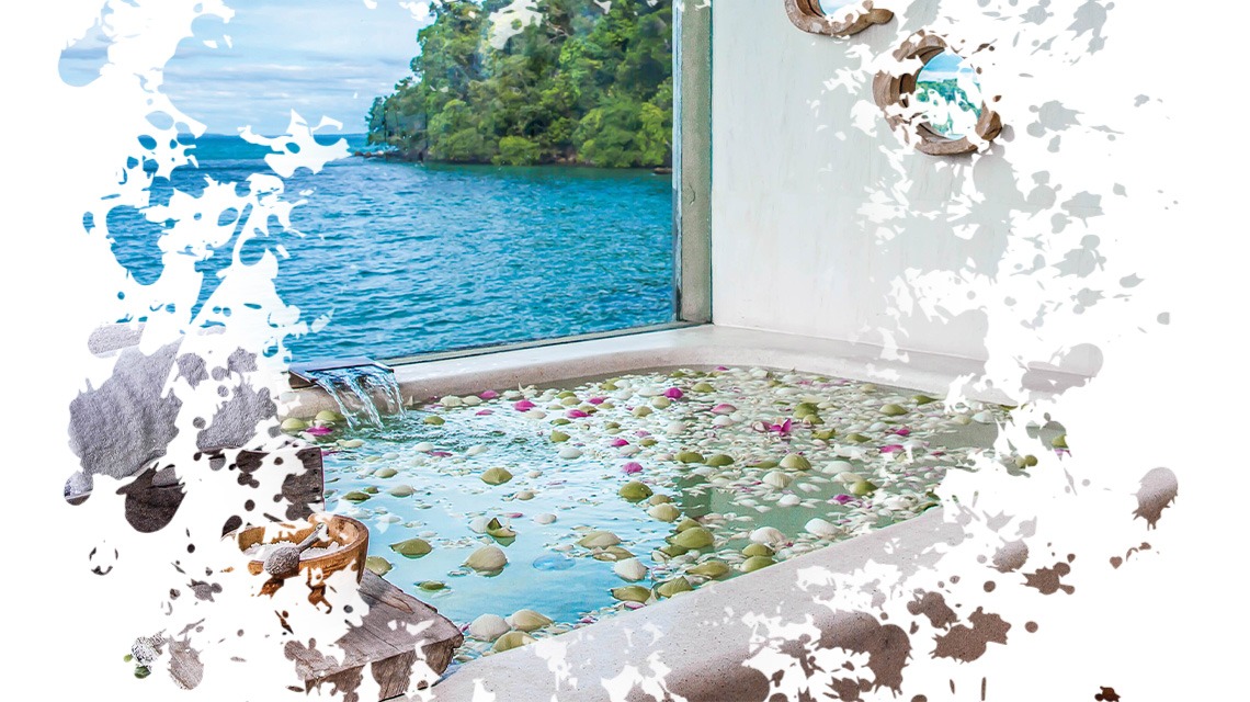 bath in hotel in front of open window showing lake