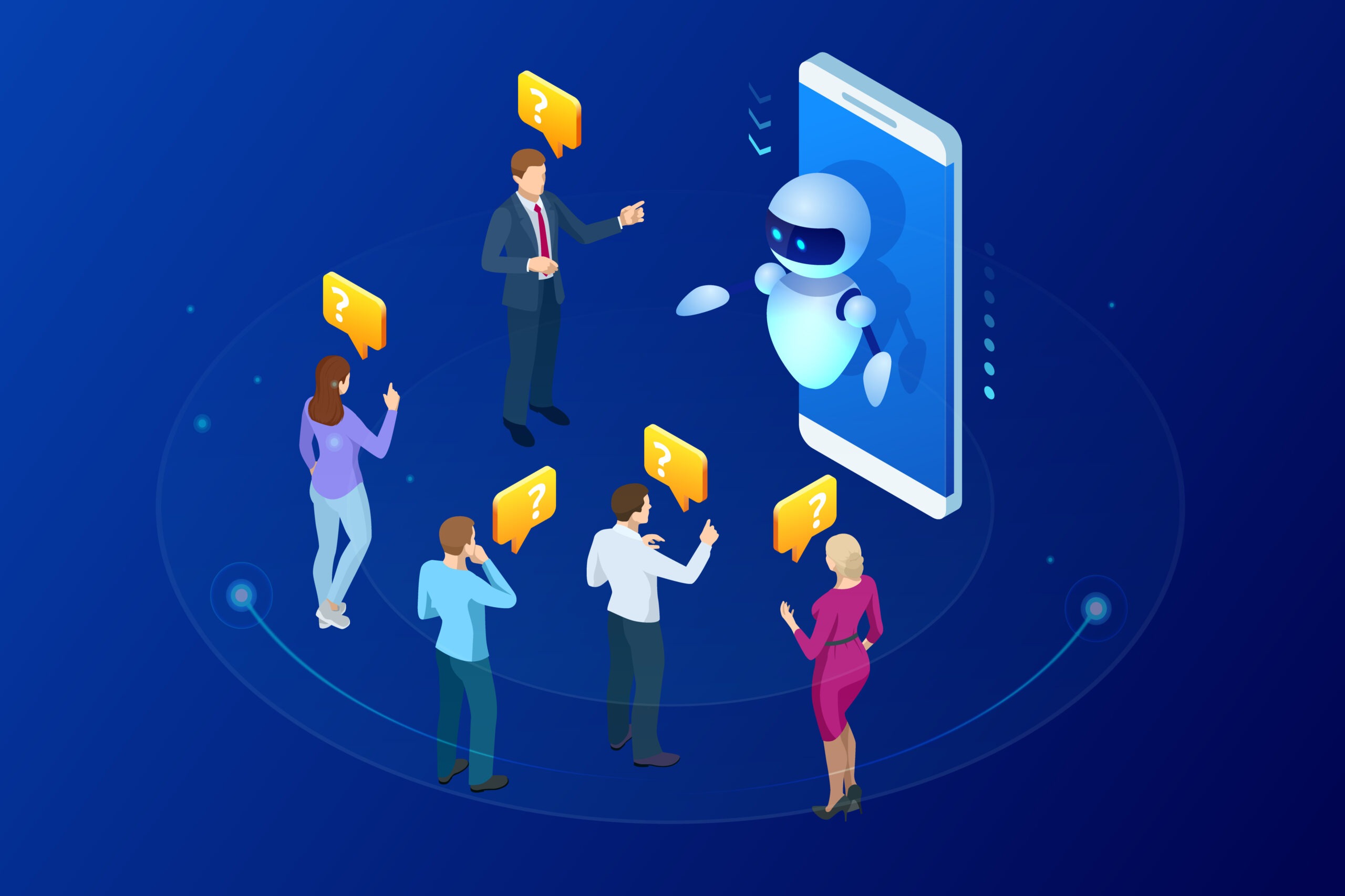 animated image of businesspeople talking with chatbot