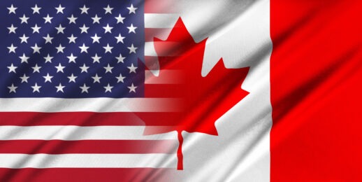 united states flag and canadian flag blending together