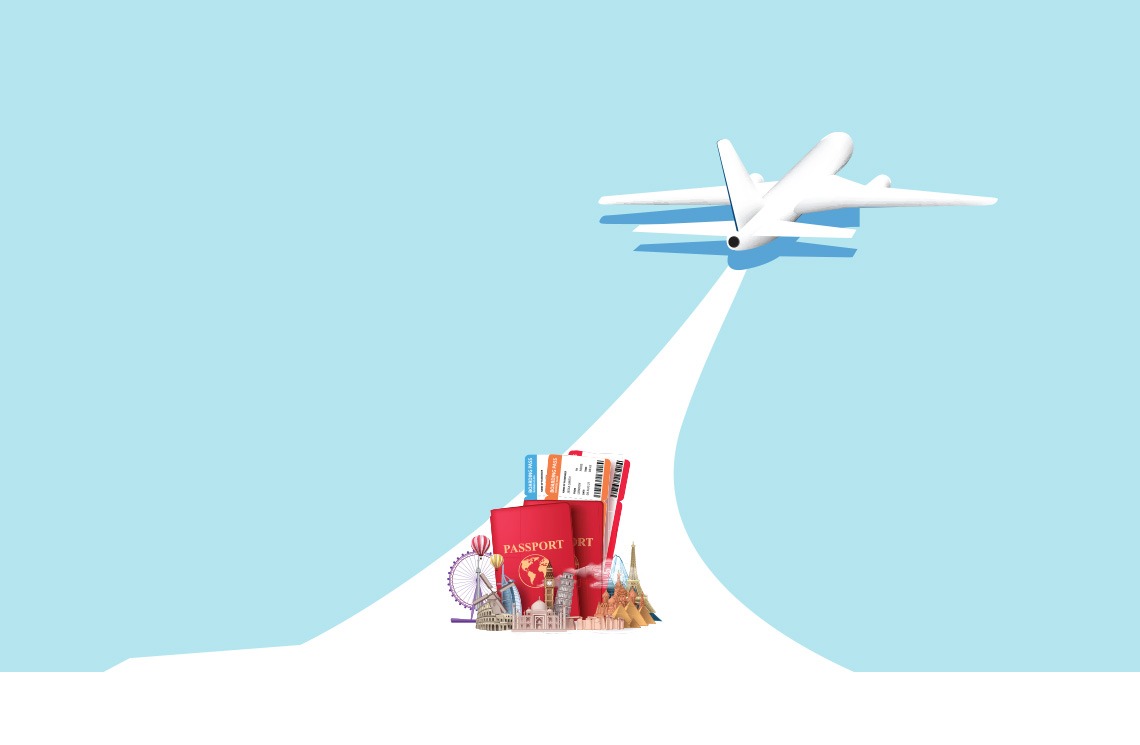 illustration of airplane flying over passport