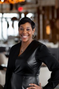 woman wearing black leather clothing