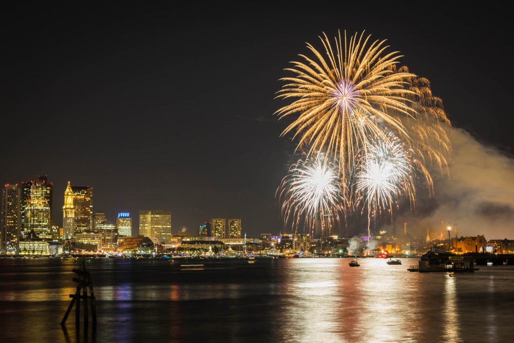 fireworks over city at night