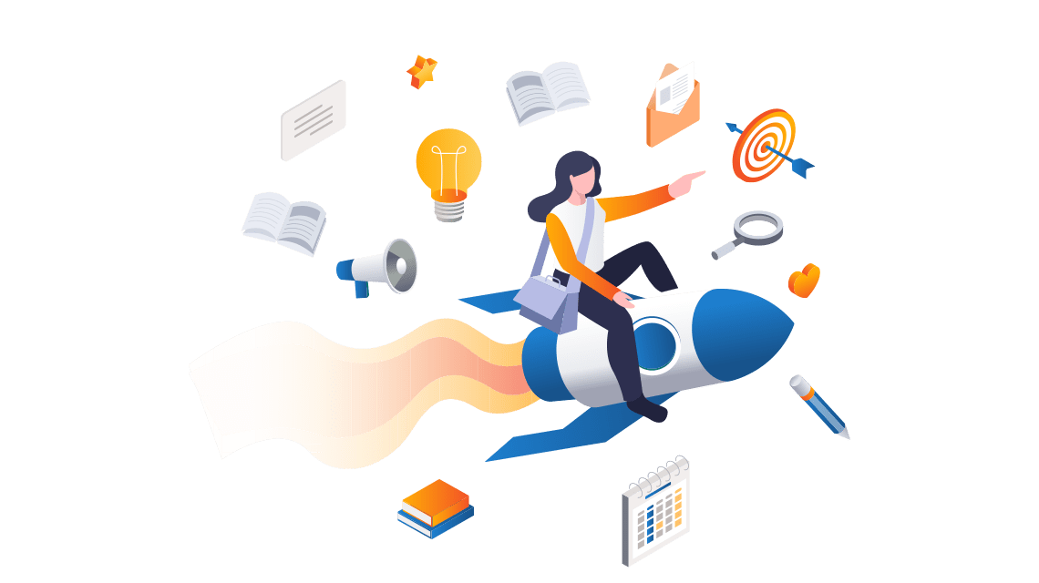 illustration of woman on rocket surrounded by everyday objects